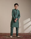 alt message - Manyavar Boys Boys Dark Green Floral Printed Angrakha Style Jacket Set image number 2